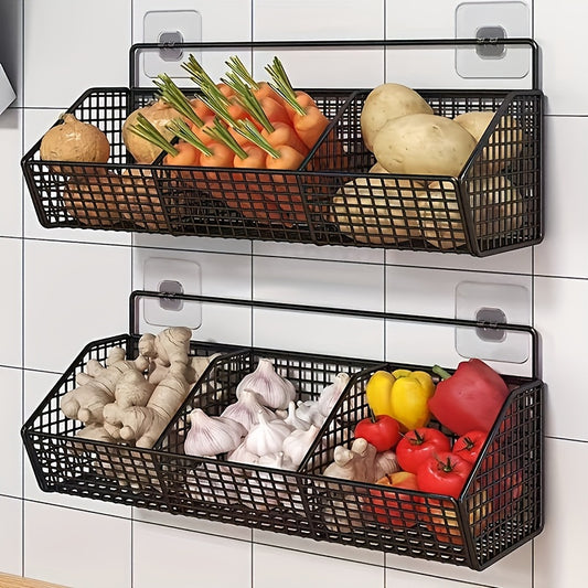 Heavy-Duty Iron Kitchen Organizer - Space-Saving Vertical Wall Shelf with Open Grid Design, Black - for Vegetables, Garlic, Onions, Herbs, Spices - Modern Farmhouse Pantry or Kitchen Storage - Easy Installation with Mounting