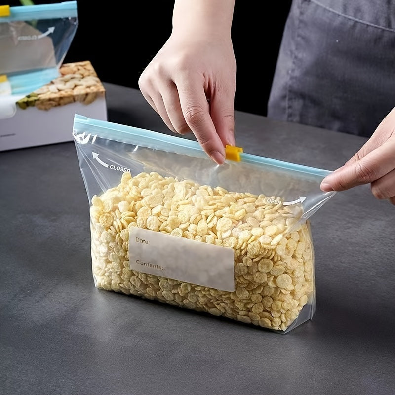 10pcs Reusable Kitchen Storage Bags with Sliding Zipper - Clear Plastic Food Organizer for Fruits, Vegetables, Snacks, Grains & Travel Essentials, Labeled for Easy Identification, Perfect for Fridge & Pantry Organization, Sna