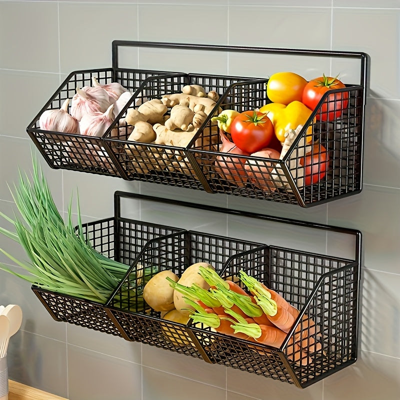 Heavy-Duty Iron Kitchen Organizer - Space-Saving Vertical Wall Shelf with Open Grid Design, Black - for Vegetables, Garlic, Onions, Herbs, Spices - Modern Farmhouse Pantry or Kitchen Storage - Easy Installation with Mounting