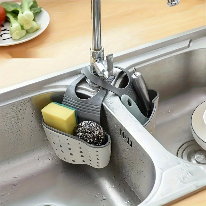 Adjustable Clip-on Sink Organizer - Heavy-Duty Plastic Dish Drying Rack with Sponge Holder, Knife Slots, Space-Saving Drain Basket - Over Sink Organizer for Small Kitchen, Apartment, Bathroom - Easy Installation, No Installat