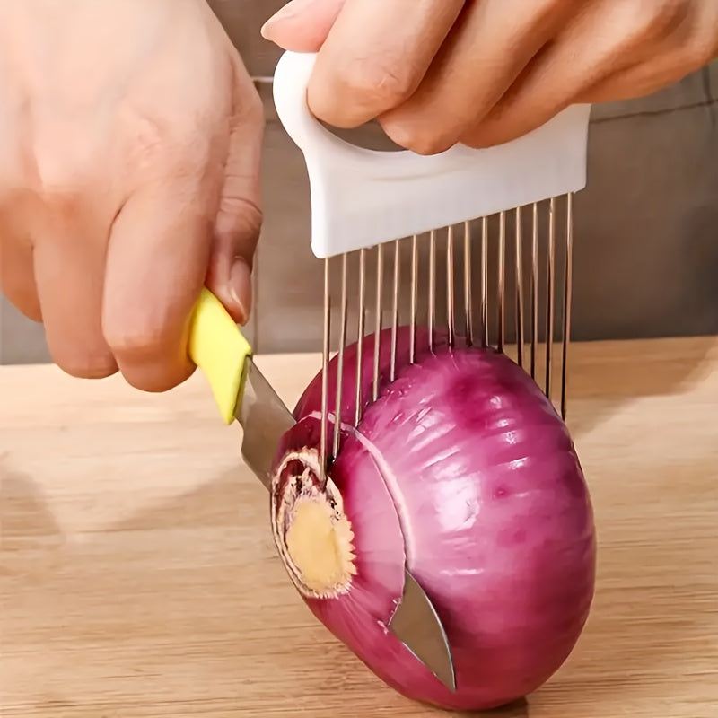 Stainless Steel Multi-Use Kitchen Tool - Onion Slicer & Meat Tenderizer, Ideal for Vegetables & Fruits, Ergonomic Grip Handle