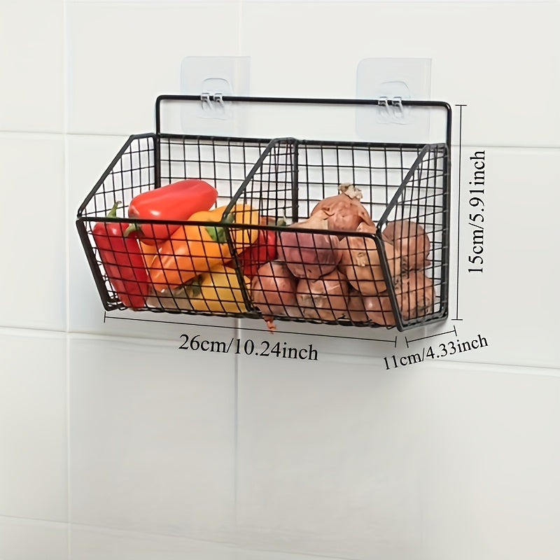 Heavy-Duty Iron Kitchen Organizer - Space-Saving Vertical Wall Shelf with Open Grid Design, Black - for Vegetables, Garlic, Onions, Herbs, Spices - Modern Farmhouse Pantry or Kitchen Storage - Easy Installation with Mounting