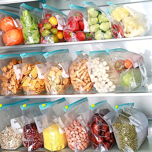 10pcs Reusable Kitchen Storage Bags with Sliding Zipper - Clear Plastic Food Organizer for Fruits, Vegetables, Snacks, Grains & Travel Essentials, Labeled for Easy Identification, Perfect for Fridge & Pantry Organization, Sna