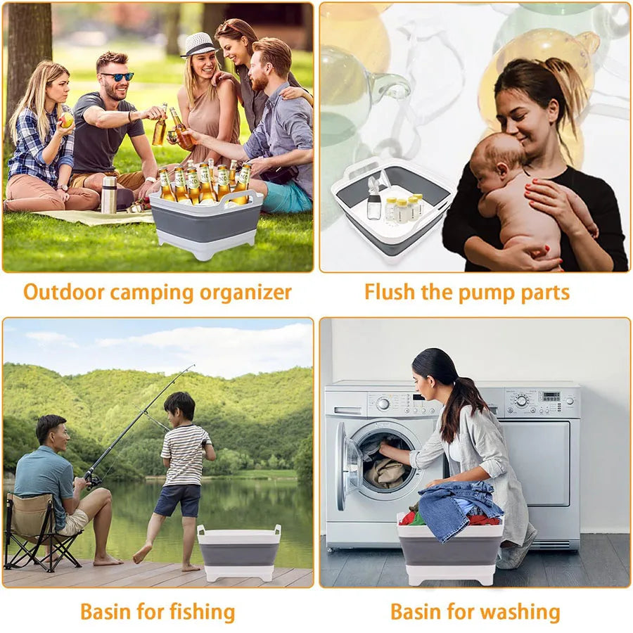 9 Liter Collapsible Plastic Vegetable Wash Basin with Drain Plug for Dish Storage, Vegetable and Fruit Washing, Chill Bucket