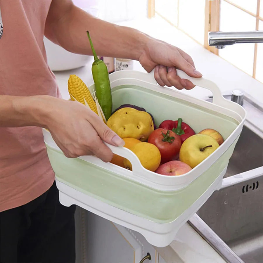 9 Liter Collapsible Plastic Vegetable Wash Basin with Drain Plug for Dish Storage, Vegetable and Fruit Washing, Chill Bucket