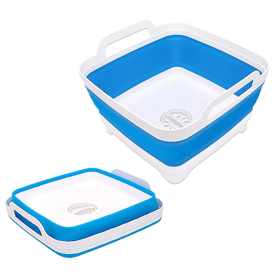 9 Liter Collapsible Plastic Vegetable Wash Basin with Drain Plug for Dish Storage, Vegetable and Fruit Washing, Chill Bucket