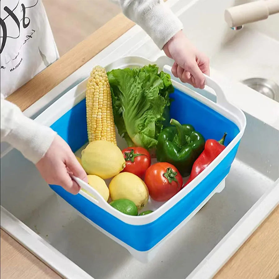 9 Liter Collapsible Plastic Vegetable Wash Basin with Drain Plug for Dish Storage, Vegetable and Fruit Washing, Chill Bucket