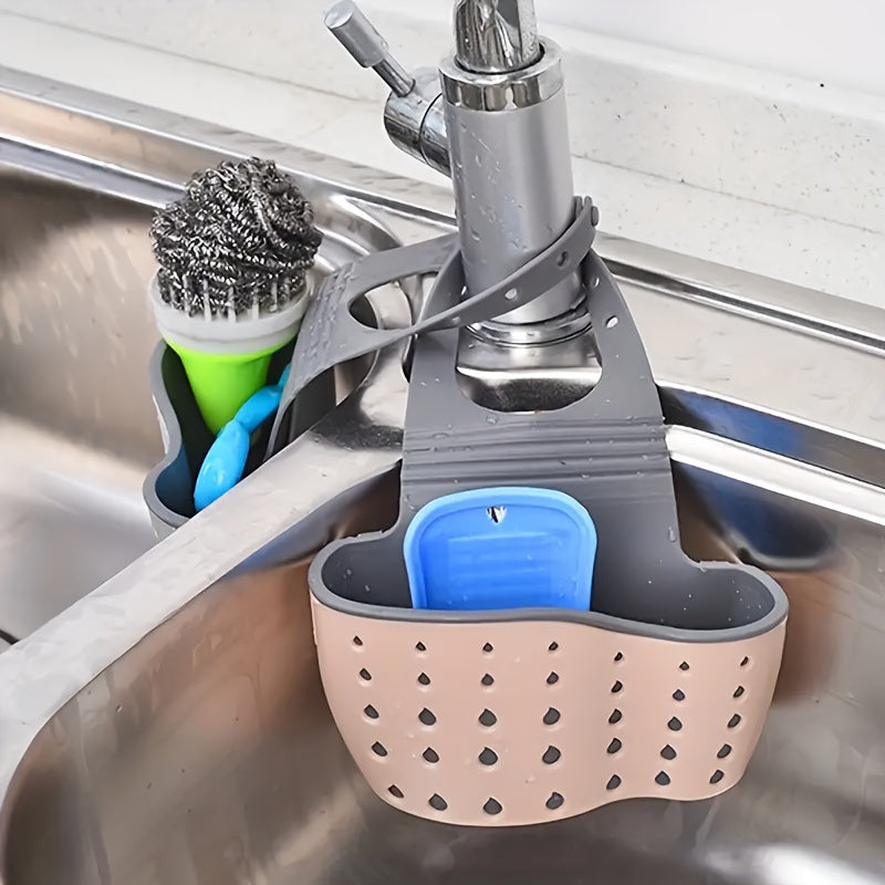 Adjustable Clip-on Sink Organizer - Heavy-Duty Plastic Dish Drying Rack with Sponge Holder, Knife Slots, Space-Saving Drain Basket - Over Sink Organizer for Small Kitchen, Apartment, Bathroom - Easy Installation, No Installat