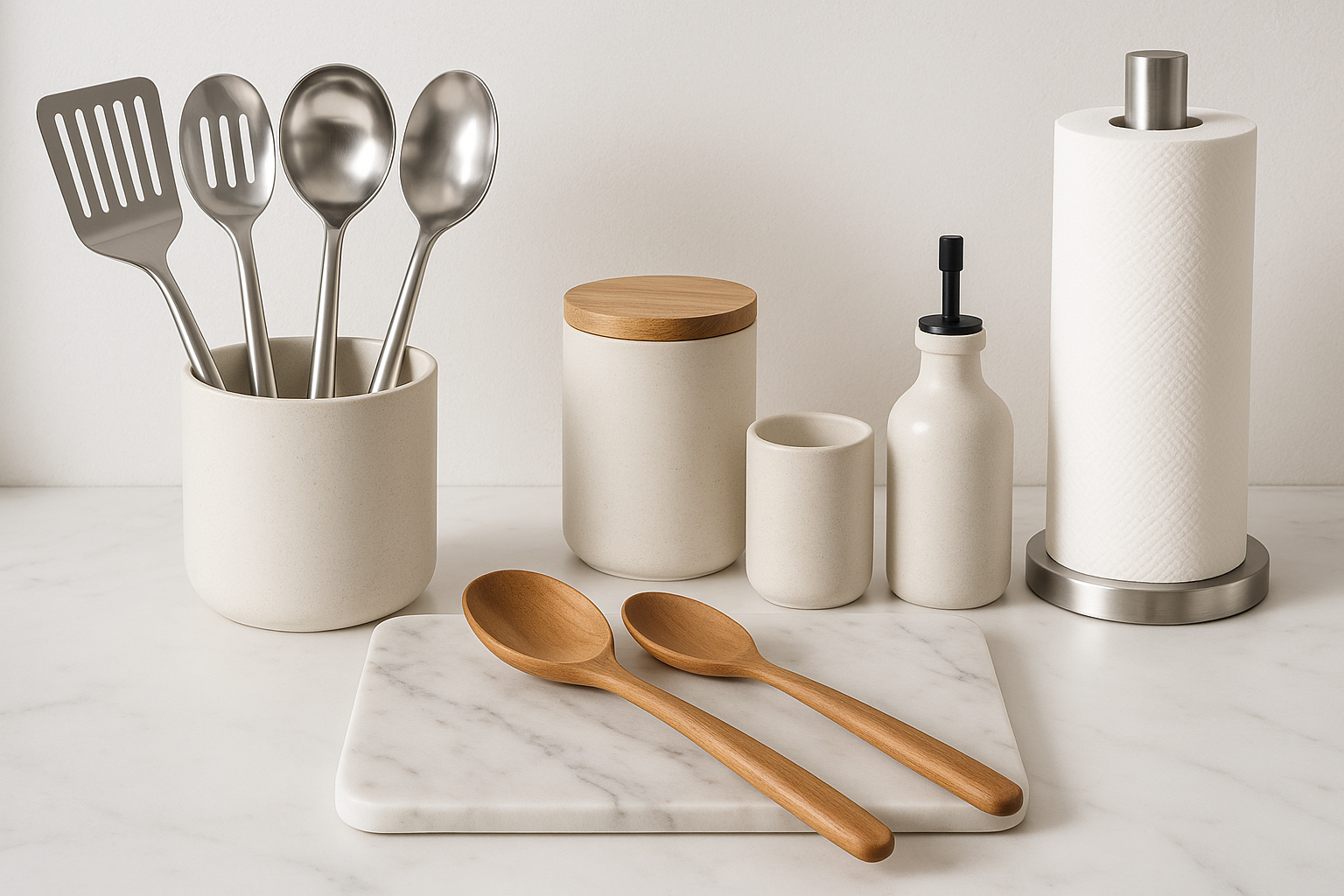 Carregue uma imagem de alta qualidade focada em utilitários de cozinha elegantes ou uma bancada organizada