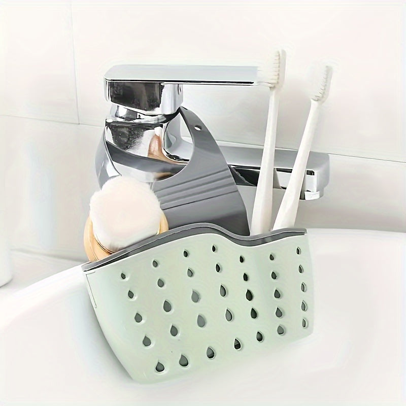 Adjustable Clip-on Sink Organizer - Heavy-Duty Plastic Dish Drying Rack with Sponge Holder, Knife Slots, Space-Saving Drain Basket - Over Sink Organizer for Small Kitchen, Apartment, Bathroom - Easy Installation, No Installat