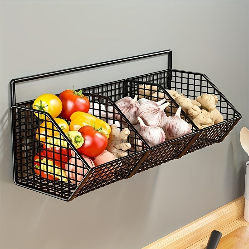Heavy-Duty Iron Kitchen Organizer - Space-Saving Vertical Wall Shelf with Open Grid Design, Black - for Vegetables, Garlic, Onions, Herbs, Spices - Modern Farmhouse Pantry or Kitchen Storage - Easy Installation with Mounting