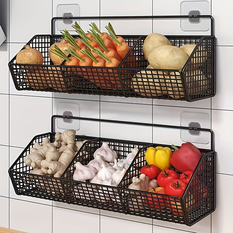 Heavy-Duty Iron Kitchen Organizer - Space-Saving Vertical Wall Shelf with Open Grid Design, Black - for Vegetables, Garlic, Onions, Herbs, Spices - Modern Farmhouse Pantry or Kitchen Storage - Easy Installation with Mounting