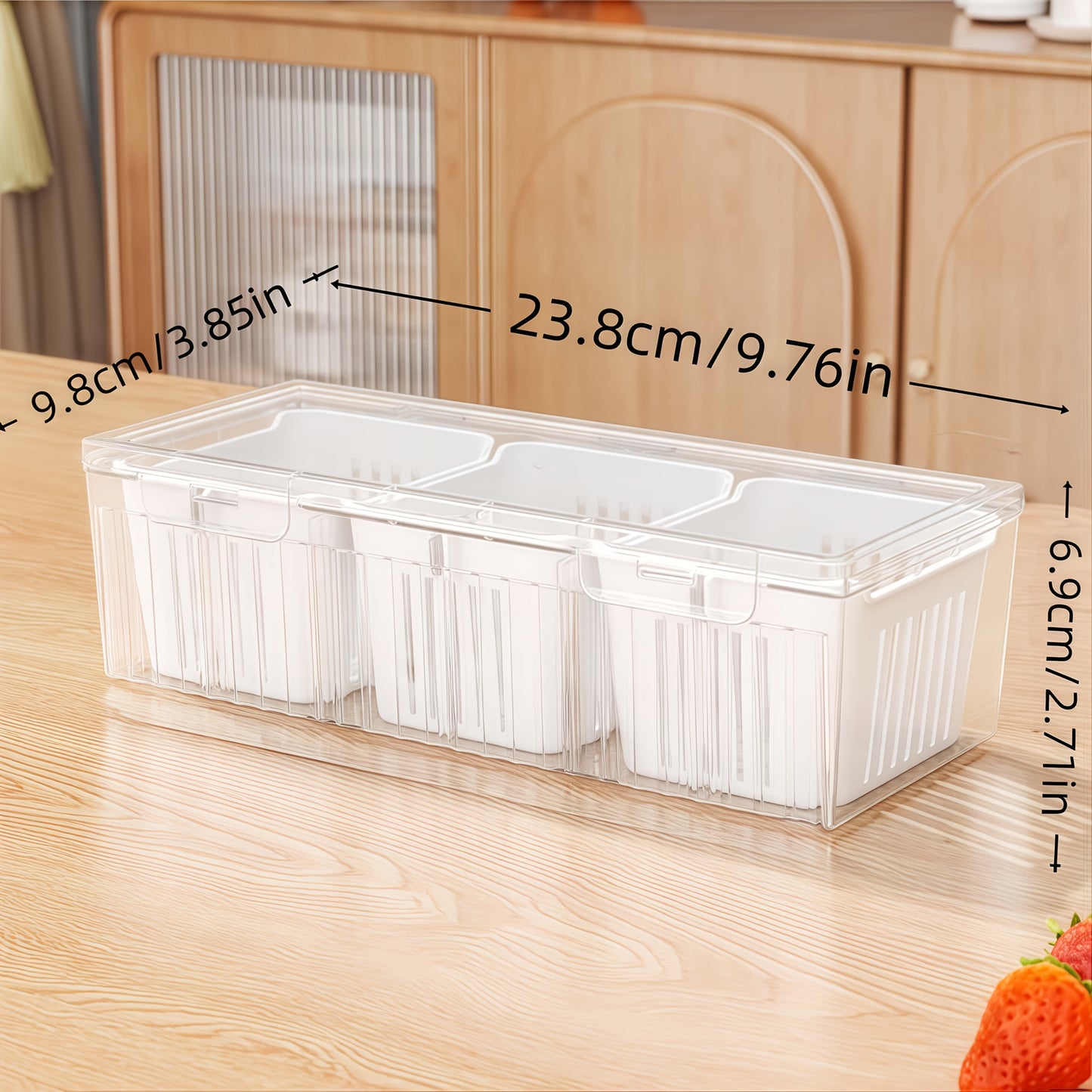 4Cps [3 Small Boxes + 1 Large Box] Fresh-Keeping Box, Reusable Refrigerator Kitchen Drain Storage Box with Lid, Suitable for Fruits, Vegetables, Spices, Onions, Garlic, And Other Multi-Functional Food Storage Containers, Idea
