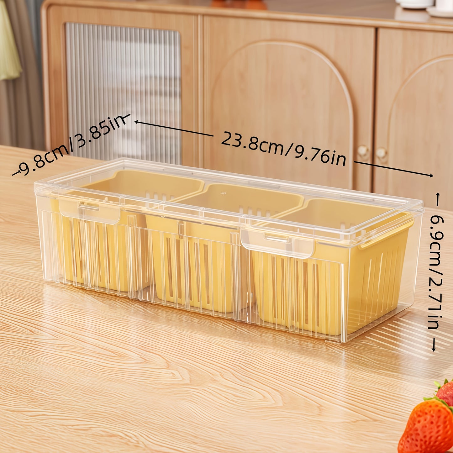 4Cps [3 Small Boxes + 1 Large Box] Fresh-Keeping Box, Reusable Refrigerator Kitchen Drain Storage Box with Lid, Suitable for Fruits, Vegetables, Spices, Onions, Garlic, And Other Multi-Functional Food Storage Containers, Idea