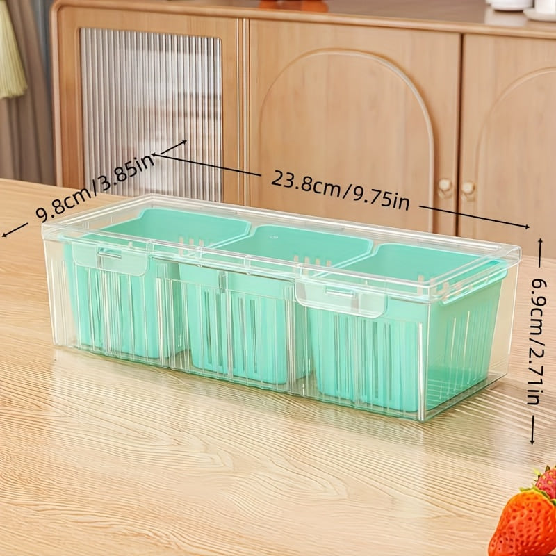 4Cps [3 Small Boxes + 1 Large Box] Fresh-Keeping Box, Reusable Refrigerator Kitchen Drain Storage Box with Lid, Suitable for Fruits, Vegetables, Spices, Onions, Garlic, And Other Multi-Functional Food Storage Containers, Idea