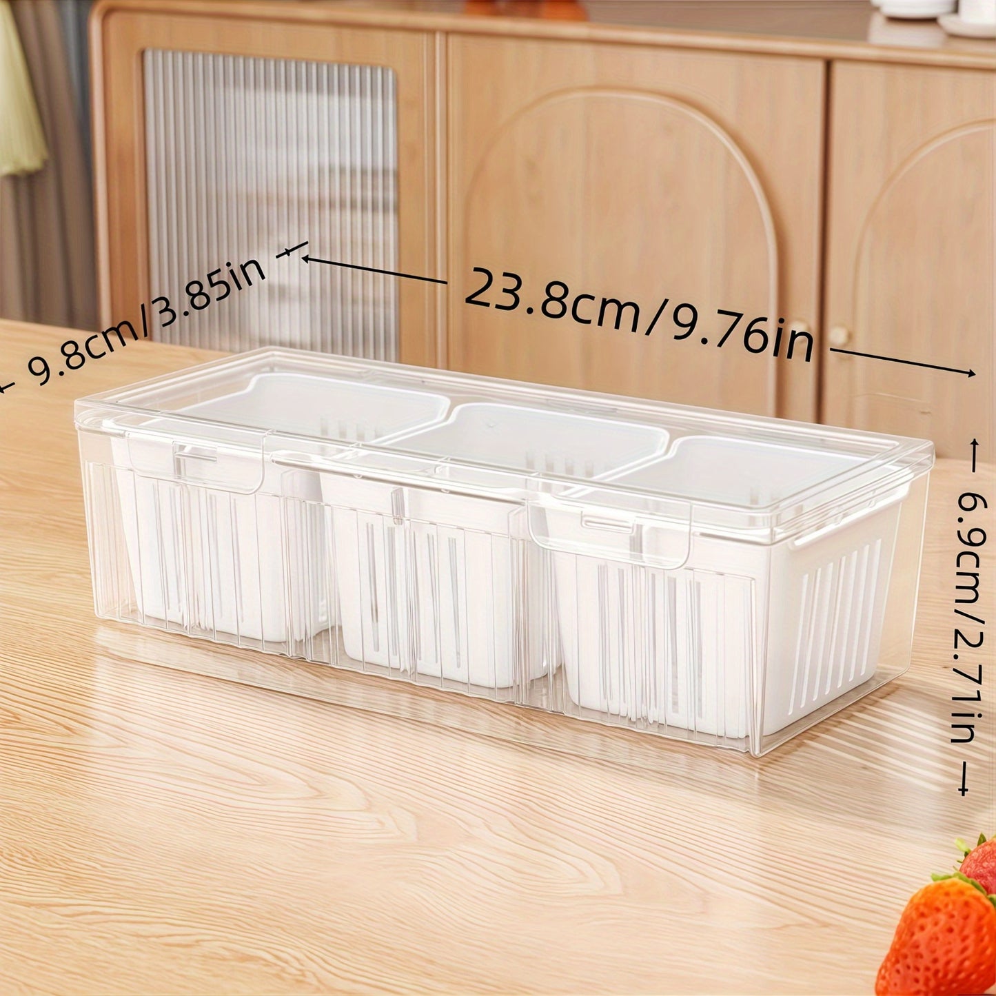 4Cps [3 Small Boxes + 1 Large Box] Fresh-Keeping Box, Reusable Refrigerator Kitchen Drain Storage Box with Lid, Suitable for Fruits, Vegetables, Spices, Onions, Garlic, And Other Multi-Functional Food Storage Containers, Idea