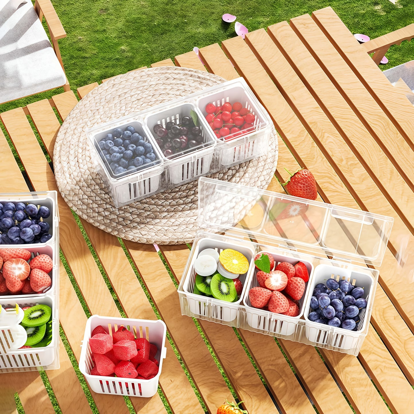 4Cps [3 Small Boxes + 1 Large Box] Fresh-Keeping Box, Reusable Refrigerator Kitchen Drain Storage Box with Lid, Suitable for Fruits, Vegetables, Spices, Onions, Garlic, And Other Multi-Functional Food Storage Containers, Idea