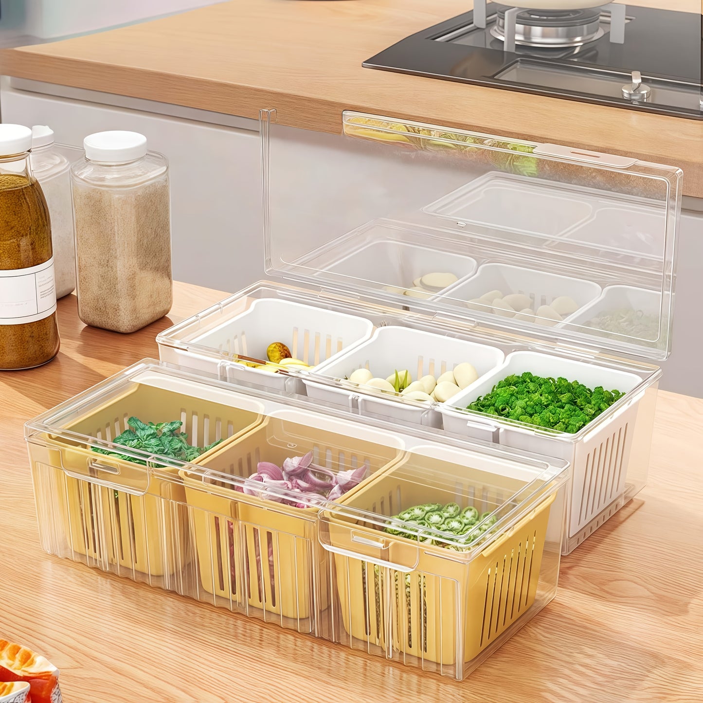 4Cps [3 Small Boxes + 1 Large Box] Fresh-Keeping Box, Reusable Refrigerator Kitchen Drain Storage Box with Lid, Suitable for Fruits, Vegetables, Spices, Onions, Garlic, And Other Multi-Functional Food Storage Containers, Idea