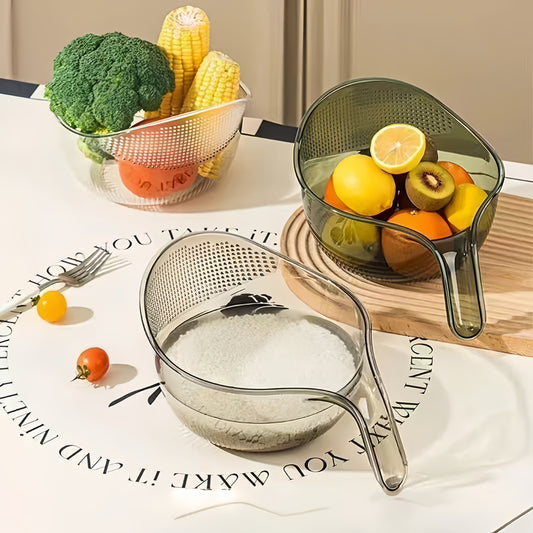 A Transparent Rice Washing Tool Designed for The Kitchen, This Multifunctional Strainer Is Perfect for Draining And Washing Rice, Vegetables, And Fruits. It Features a Large Capacity for Filtering And Storage, a Comfortable S