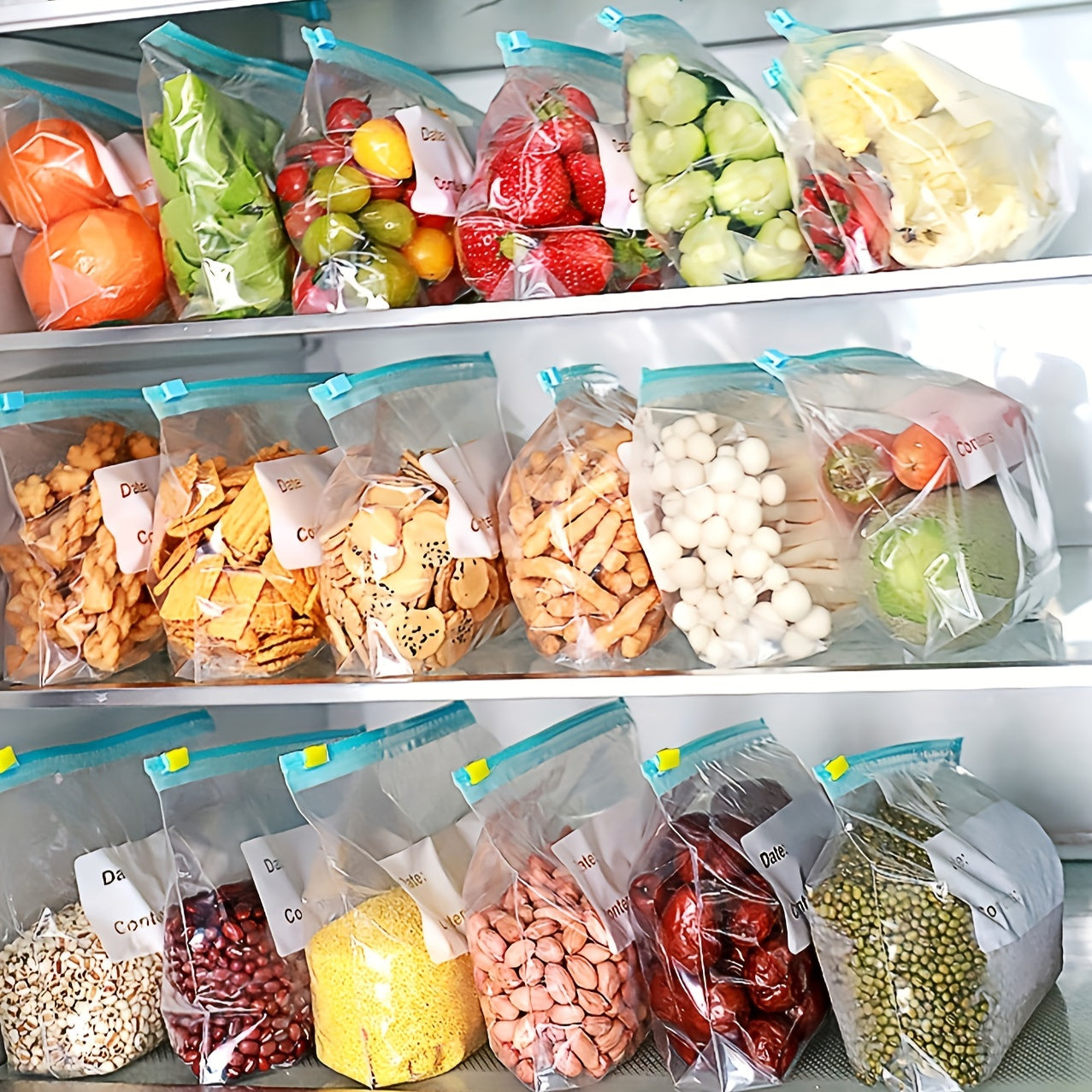 10pcs Reusable Kitchen Storage Bags with Sliding Zipper - Clear Plastic Food Organizer for Fruits, Vegetables, Snacks, Grains & Travel Essentials, Labeled for Easy Identification, Perfect for Fridge & Pantry Organization, Sna