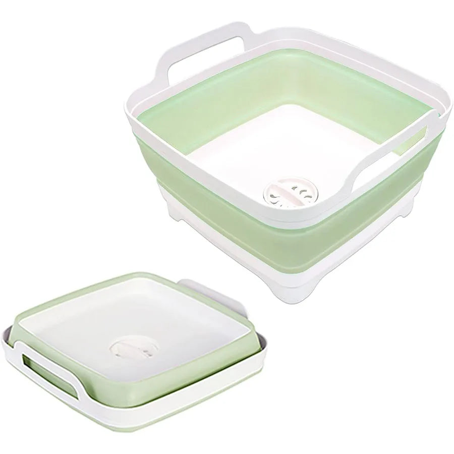 9 Liter Collapsible Plastic Vegetable Wash Basin with Drain Plug for Dish Storage, Vegetable and Fruit Washing, Chill Bucket