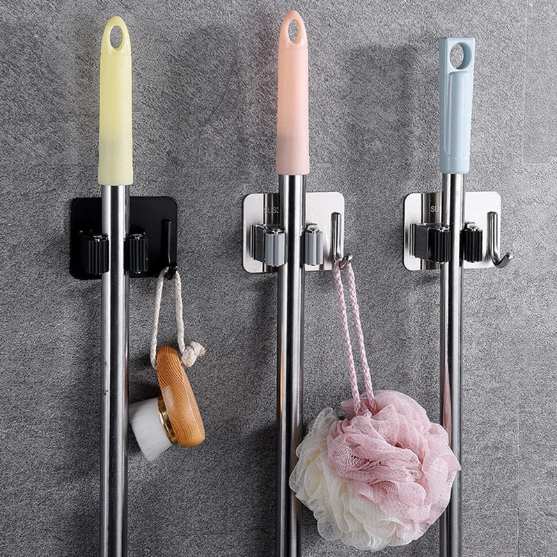 Multi-Purpose Hooks Adhesive Wall Hanging Mop Rack Broom Hanger Hook Kitchen Bathroom Organization Home Organizer Accessories ﻿