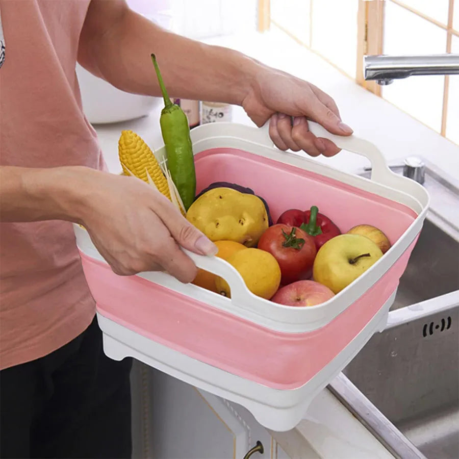 9 Liter Collapsible Plastic Vegetable Wash Basin with Drain Plug for Dish Storage, Vegetable and Fruit Washing, Chill Bucket