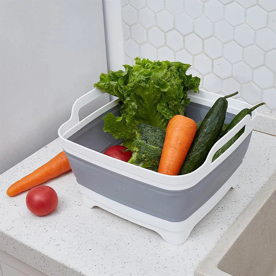 9 Liter Collapsible Plastic Vegetable Wash Basin with Drain Plug for Dish Storage, Vegetable and Fruit Washing, Chill Bucket