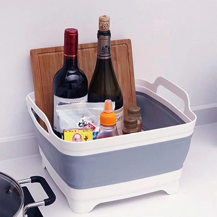 9 Liter Collapsible Plastic Vegetable Wash Basin with Drain Plug for Dish Storage, Vegetable and Fruit Washing, Chill Bucket