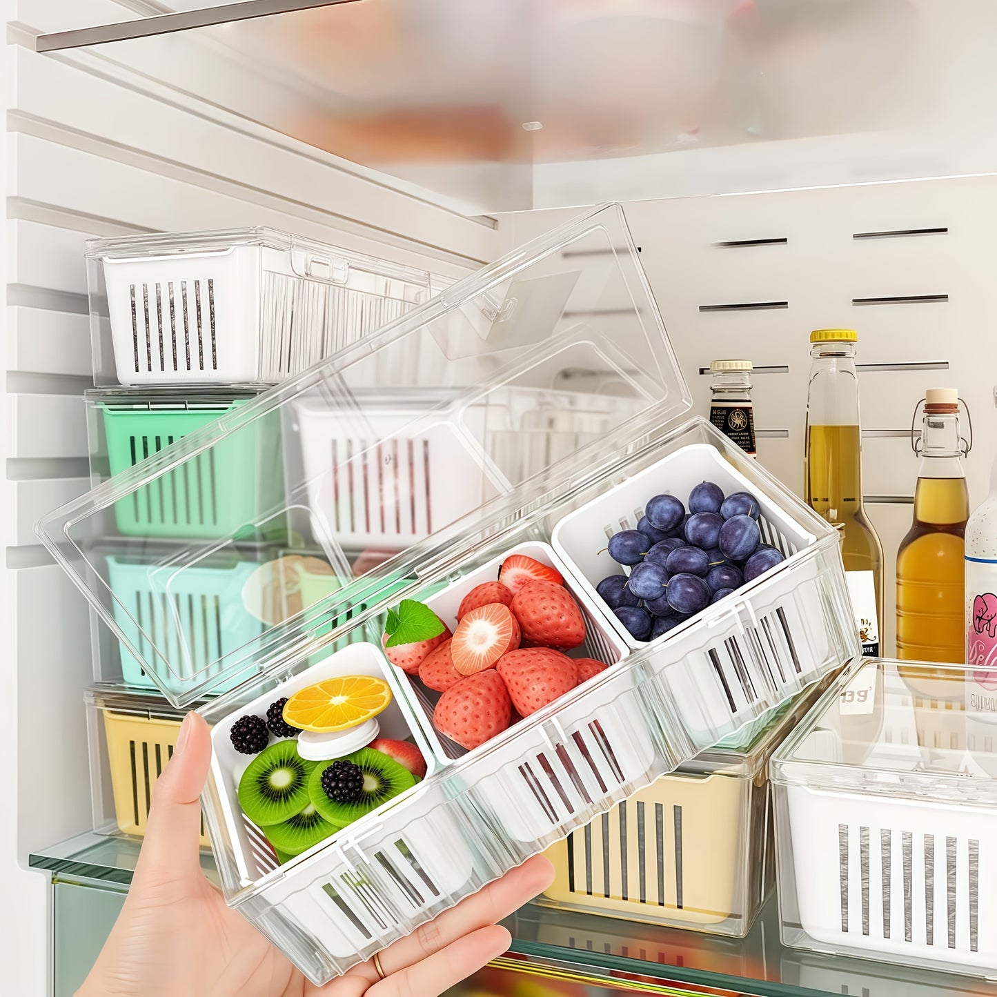 4Cps [3 Small Boxes + 1 Large Box] Fresh-Keeping Box, Reusable Refrigerator Kitchen Drain Storage Box with Lid, Suitable for Fruits, Vegetables, Spices, Onions, Garlic, And Other Multi-Functional Food Storage Containers, Idea