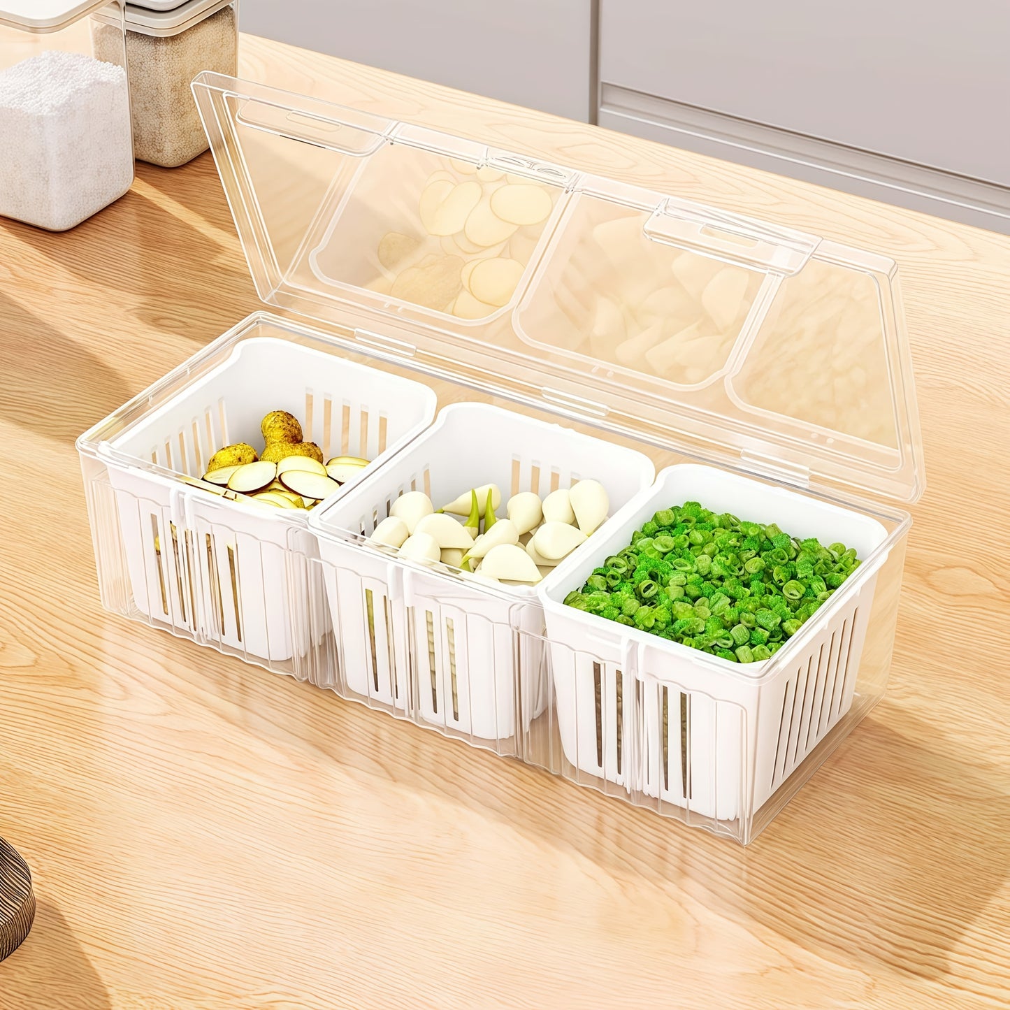 4Cps [3 Small Boxes + 1 Large Box] Fresh-Keeping Box, Reusable Refrigerator Kitchen Drain Storage Box with Lid, Suitable for Fruits, Vegetables, Spices, Onions, Garlic, And Other Multi-Functional Food Storage Containers, Idea
